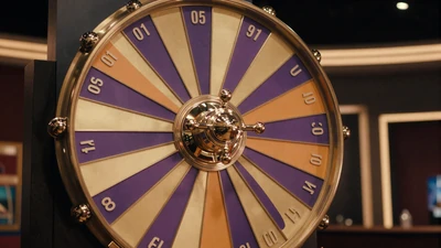 Vertikales Gl&uuml;cksrad mit nummerierten Segmenten in lila und gold im eleganten Live-Casino-Studio - Vox Casino Dream Catcher Game Show