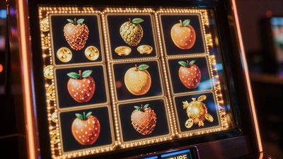 Neon-leuchtender Spielautomaten mit bunten Fruchtsymbolen und Goldm&uuml;nzen auf dunklem Hintergrund - Vox Casino Slots Kategorie