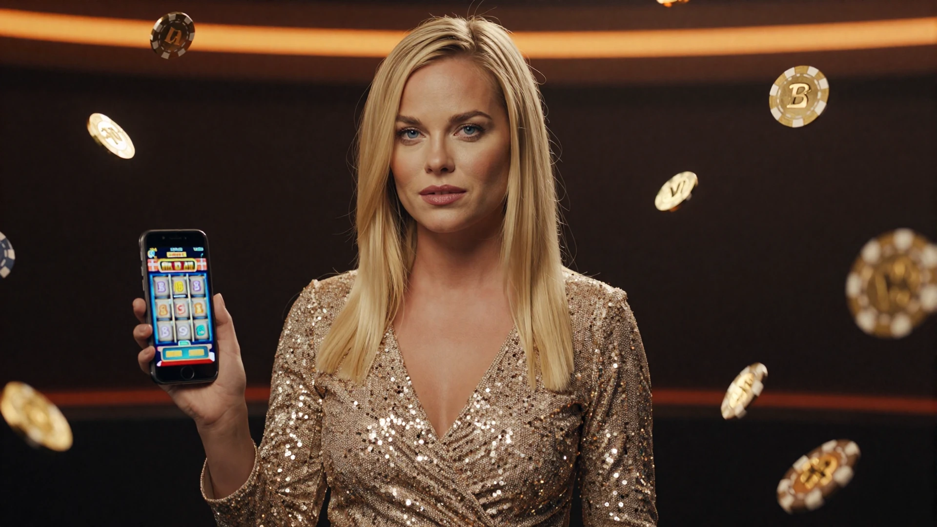 Model im goldenen Sequin-Kleid h&auml;lt leuchtendes Smartphone mit Slot-Spiel unter fallenden Goldm&uuml;nzen und Casino-Chips - Vox Casino Online Slots Hero Banner