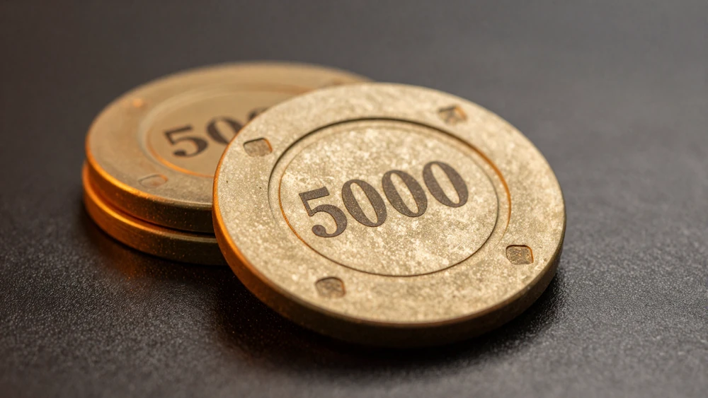 Zwei gestapelte goldene Casino-Chips, einer mit 5000 beschriftet, auf dunkler reflektierender Oberfl&auml;che mit oranger Seitenbeleuchtung - Vox Casino HighRoller Bonus