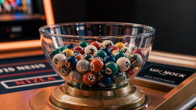 Kugel-Ziehungsmaschine mit farbigen Kugeln in Glasschale im Live-Casino-Studio - Vox Casino Vegas Ball Bonanza Game Show