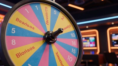 Gro&szlig;es buntes Gl&uuml;cksrad mit nummerierten Segmenten und Bonusfeldern im Live-Casino-Studio - Vox Casino Crazy Time Game Show