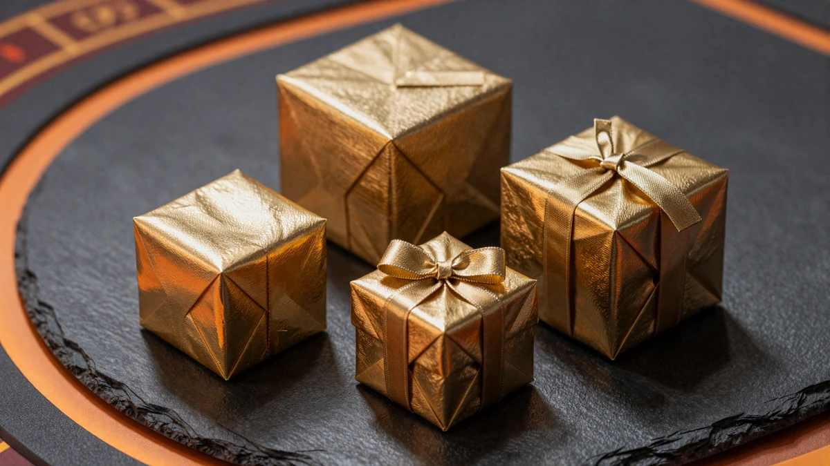 Vier goldene Geschenkboxen unterschiedlicher Gr&ouml;&szlig;e auf dunkler Schieferfl&auml;che mit oranger Randbeleuchtung - Vox Casino Willkommenspaket mit vier Einzahlungsstufen