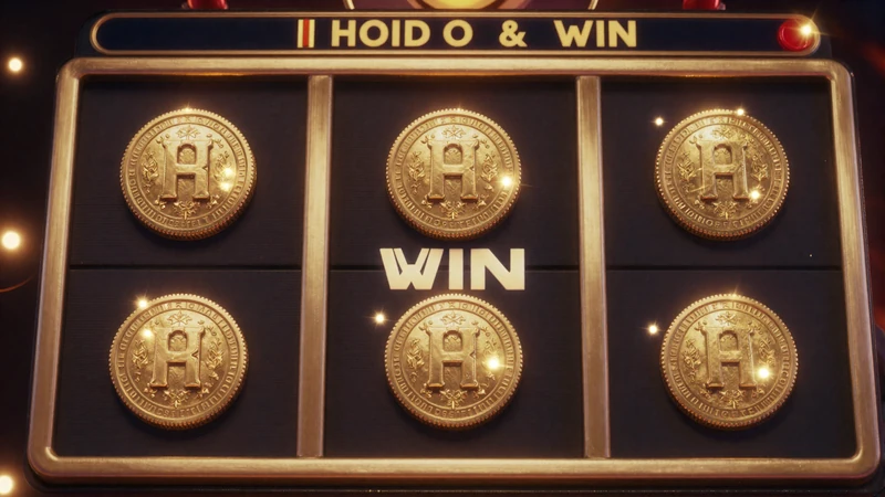 Hold and Win Bonusrunde mit goldenen M&uuml;nzen auf den Walzen und Jackpot-Anzeigen auf dunklem Hintergrund - Vox Casino Hold and Win Kategorie