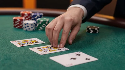 Dealer-Hand teilt Spielkarten auf gr&uuml;nem Blackjack-Tisch aus - Vox Casino Live Blackjack