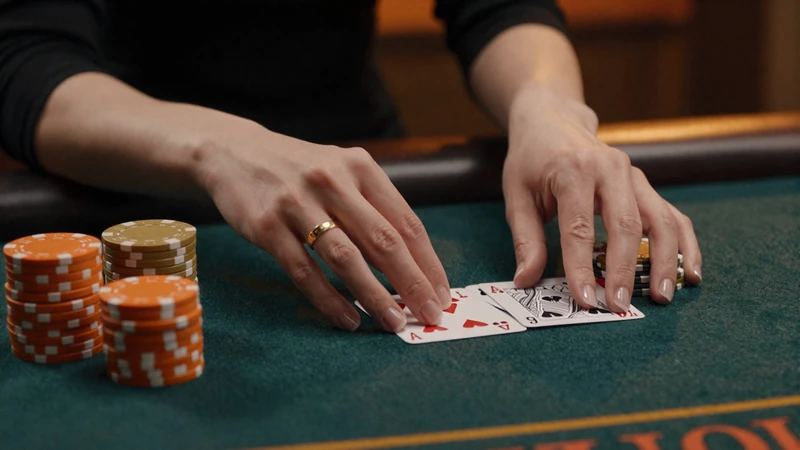 Professionelle Dealer-H&auml;nde teilen Spielkarten auf dunklem Filz-Tisch mit orangem Ambiente-Licht aus - Vox Casino Live Casino Dealer in Aktion