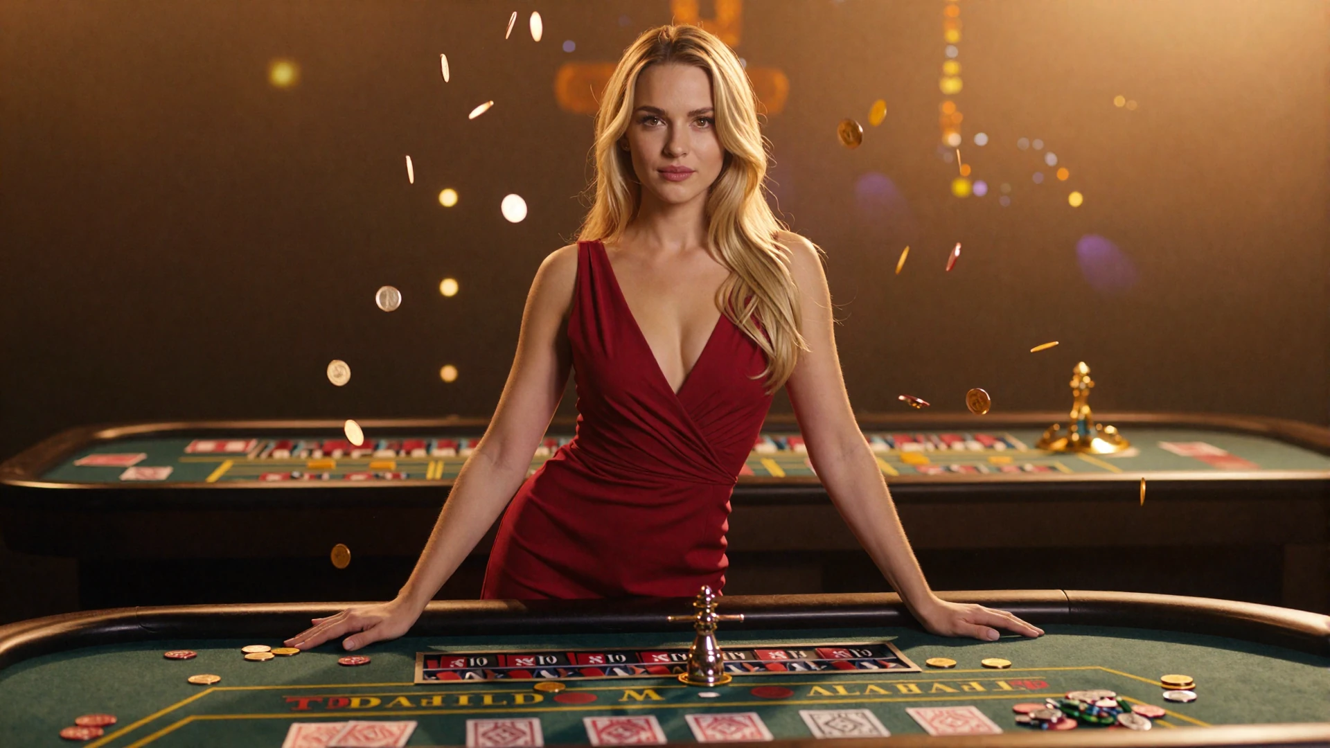 Model im roten Abendkleid am Roulette-Tisch unter fallenden Goldm&uuml;nzen und Casino-Chips - Vox Casino Live Casino Hero Banner mit Goldregen-Effekt