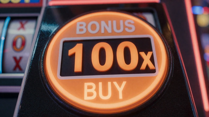 Gl&uuml;hende Bonus-Buy-Schaltfl&auml;che mit Preisanzeige auf dunklem Casino-Hintergrund - Vox Casino Bonus Buy Kategorie