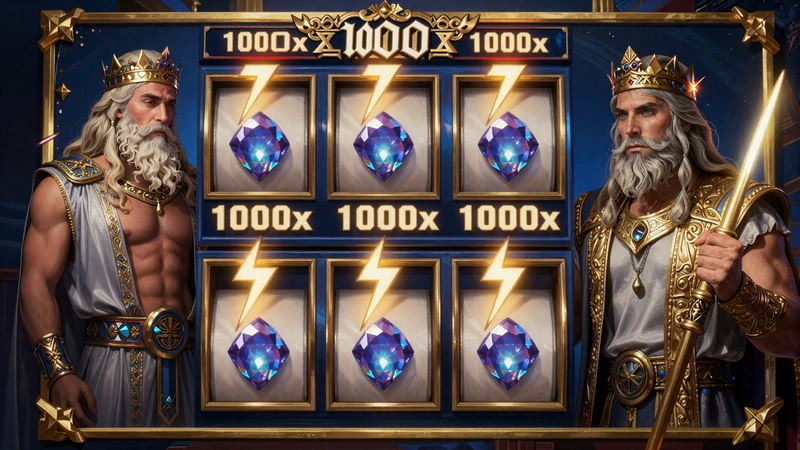 Gates of Olympus Slot mit Zeus-Figur, Edelstein-Symbolen und Multiplikator-Anzeigen bis 1000x - Vox Casino Top Slot