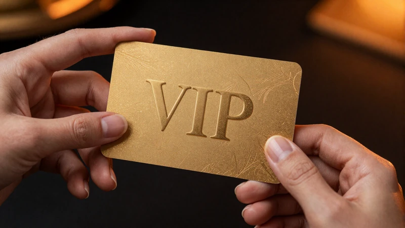 Elegante Frauenhand h&auml;lt goldene VIP-Casino-Karte mit gepr&auml;gter Schrift auf dunklem Hintergrund mit orangen Lichtreflexen - Vox Casino VIP-Programm