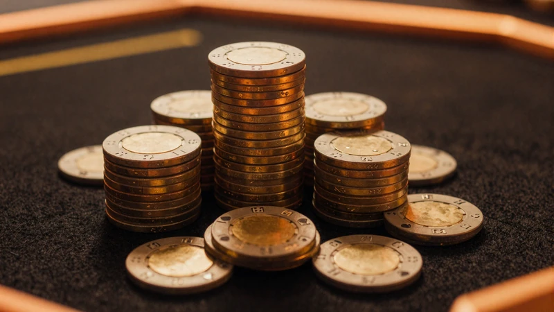Goldene Pokerchips und Casino-Chips auf dunkler reflektierender Oberfl&auml;che mit orangem Neonlicht - Vox Casino Bonusvisual