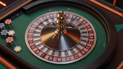 Live Roulette-Tisch von oben mit drehendem Rad, roten und schwarzen Zahlen sowie goldenen Chips - Vox Casino Live Casino Kategorie